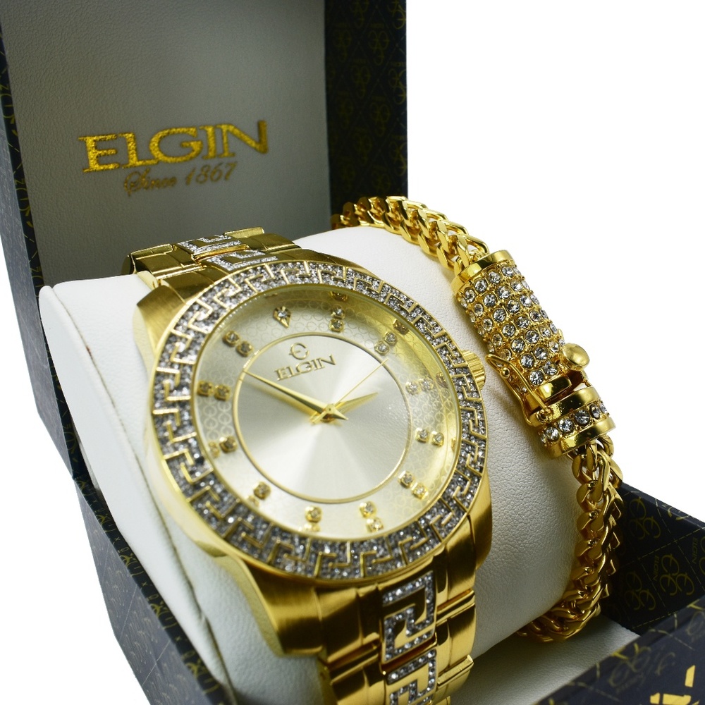 Elgin Iced Out Watch and Bracelet Set